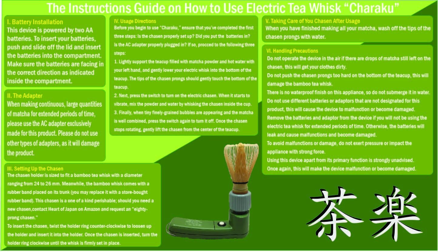 CHARAKU, Japanese Handheld Electric Matcha Whisk/Frother with Bamboo Chasen Made in Japan
